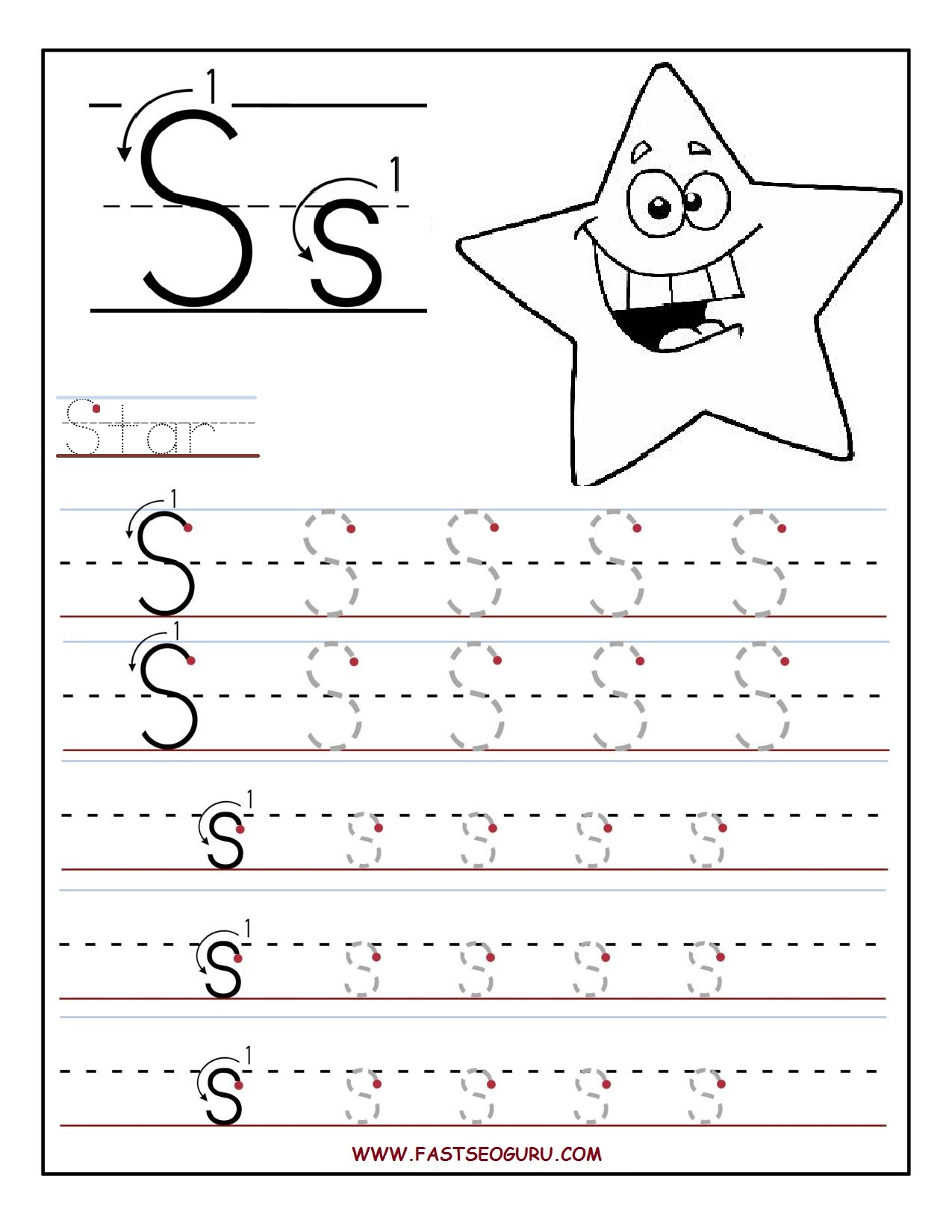 Printable letter S tracing worksheets for preschool